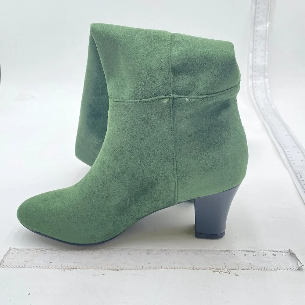 Olive Suede Women Comfortable Calf Knee Boots Stretch Pull On Closed Toe Booties